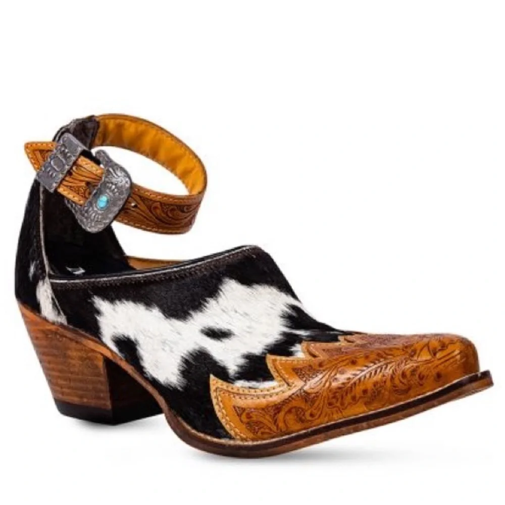 Hand-Tooled Leather strap Genuine Hide-On Women Bootie Boot Boho Western Shoe - Picture 7 of 16